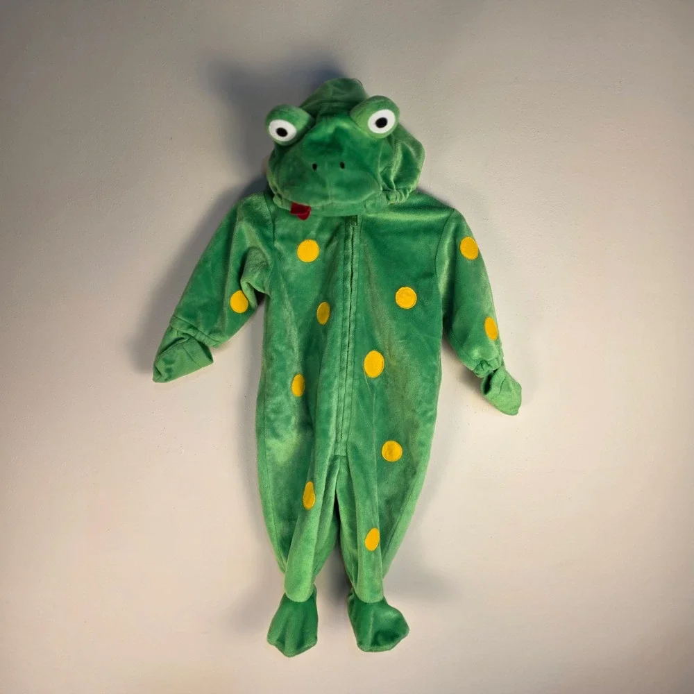 First Moments Frog Costume Baby 6/9M Green‎ Yellow Spotted Plush Hooded Zip Up
